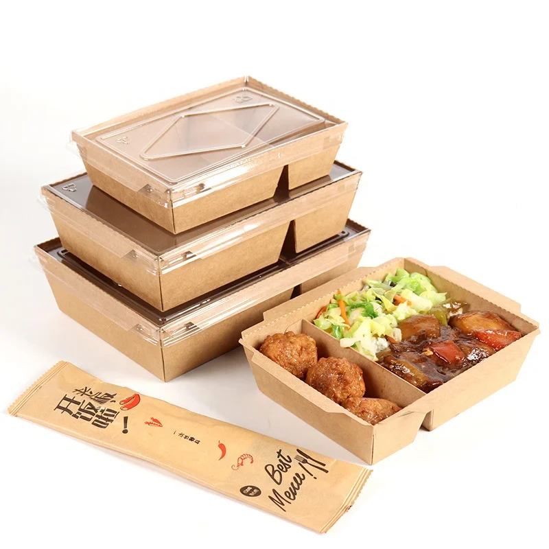 Wholesale Disposable Kraft Paper Salad Fast Food Lunch Delivery Boxes 2 compartment Food Packaging Tray with Lid