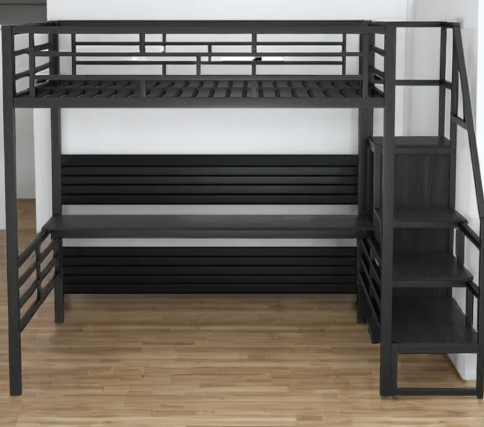 Twin over Twin Metal Bunk Bed with Side Ladder and Full-Length Guardrail Space-Saving Design for Bedroom Hotel school furniture