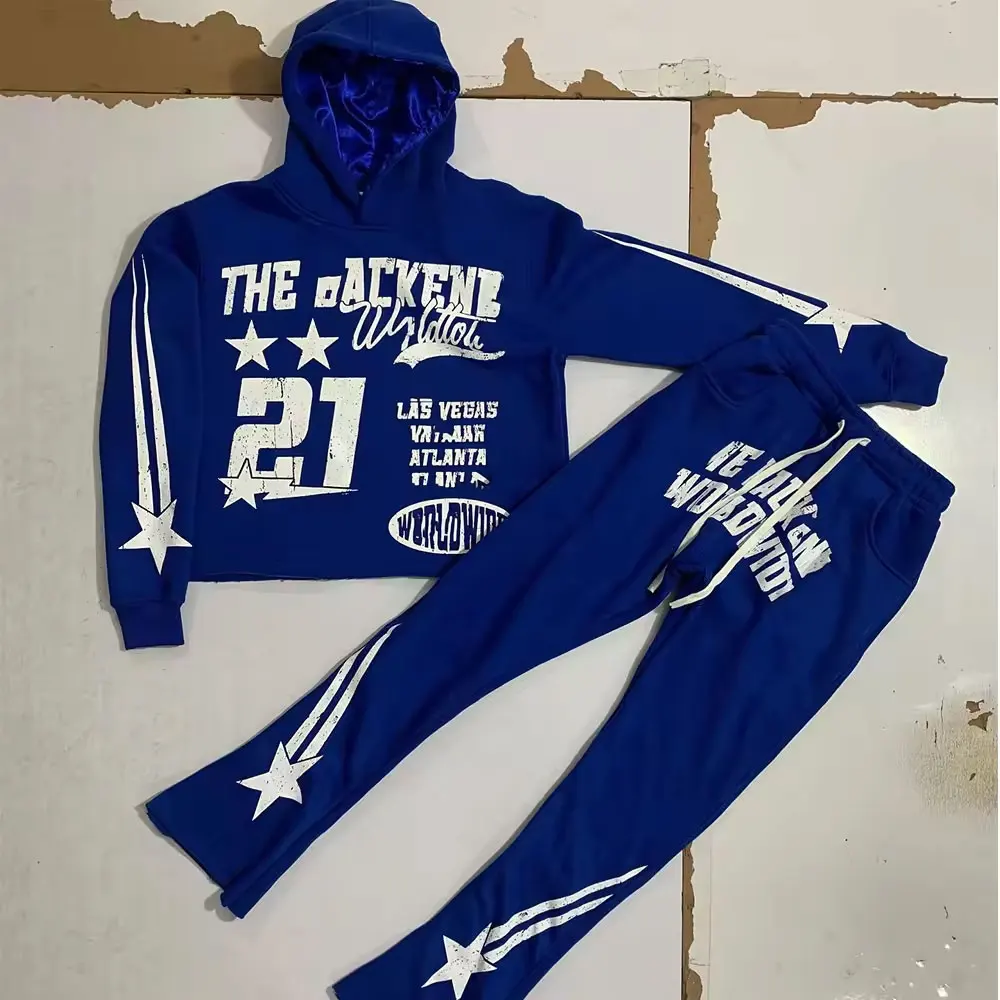 Y2k Style Custom Cropped Hoodie Men Vintage No String Saint Lined Pullover Cut And Sew Hoodies Flared Sweatpants And Hoodie Set