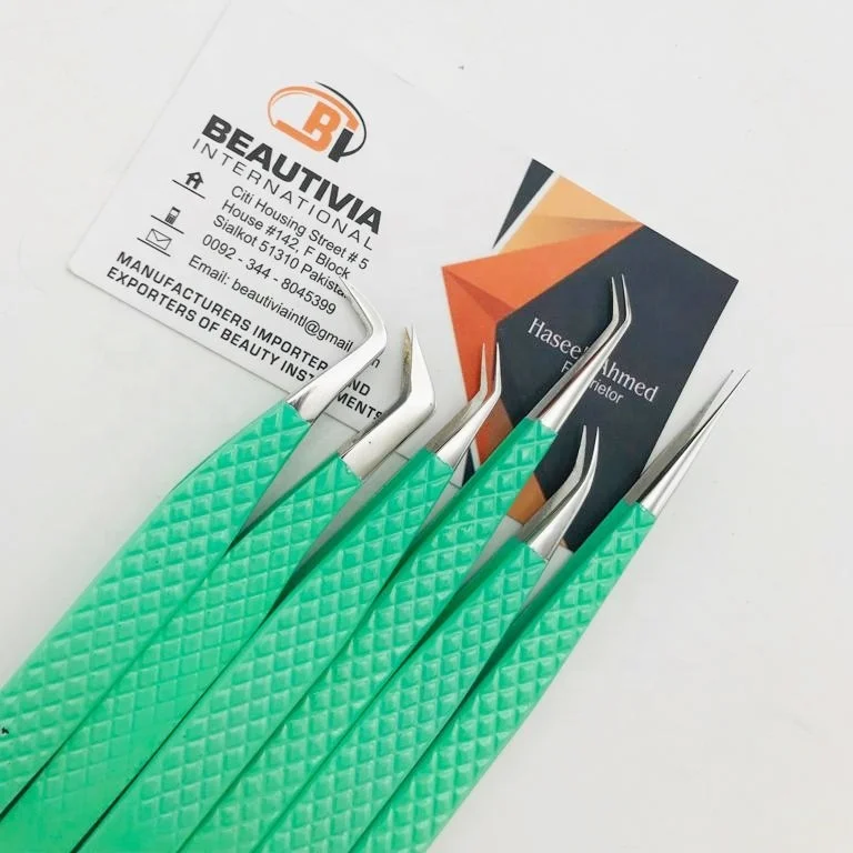 Light Green Color Coated Stainless Steel Eyelash Extension Tweezers With Private Logo