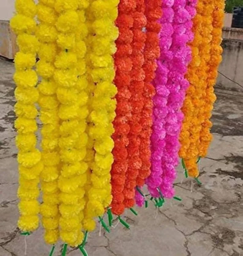 5 Ft Yellow Artificial Puffy Marigold Flower Garland Decorations Wreaths For Wedding Decoration Backdrops Haldi Decoration Garl