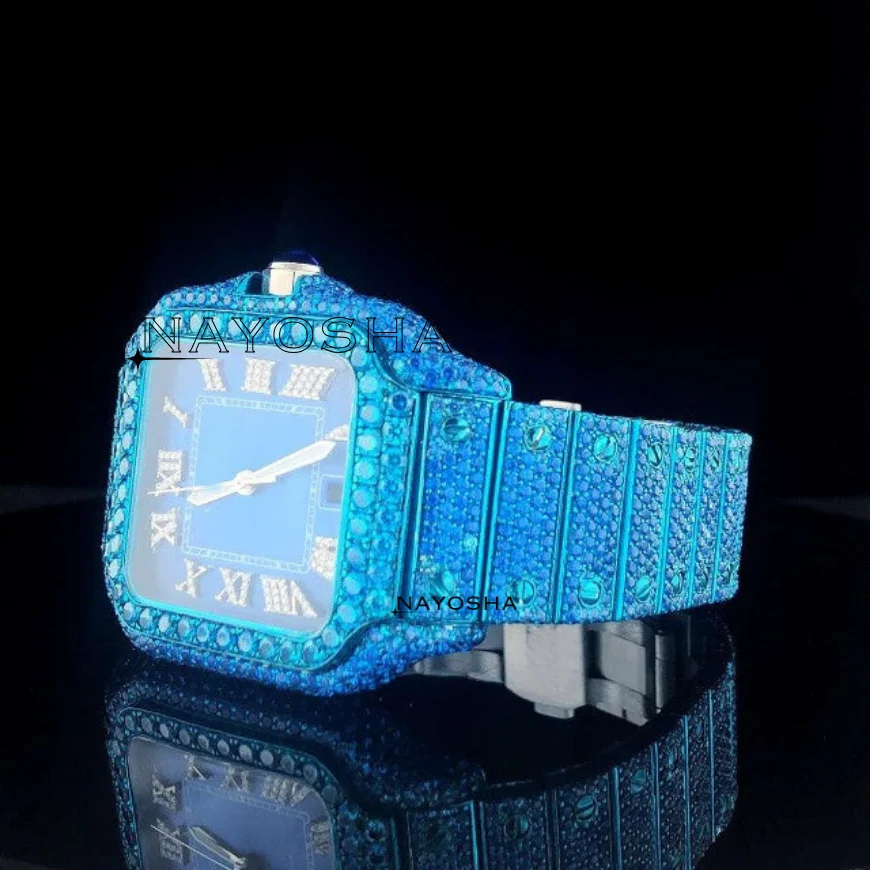 Rappers Hip Hop Luxury Mens Diamond Watch With Stylish Blue Dial With VVS Clarity Lab Grown Diamonds From Indian Exporter