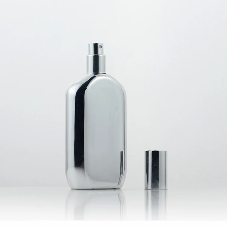 Custom Flat Square Silver Color 50ml 100ml Perfume Bottle with Mist and Cover Cosmetics Empty Bottles with No-leak Cap
