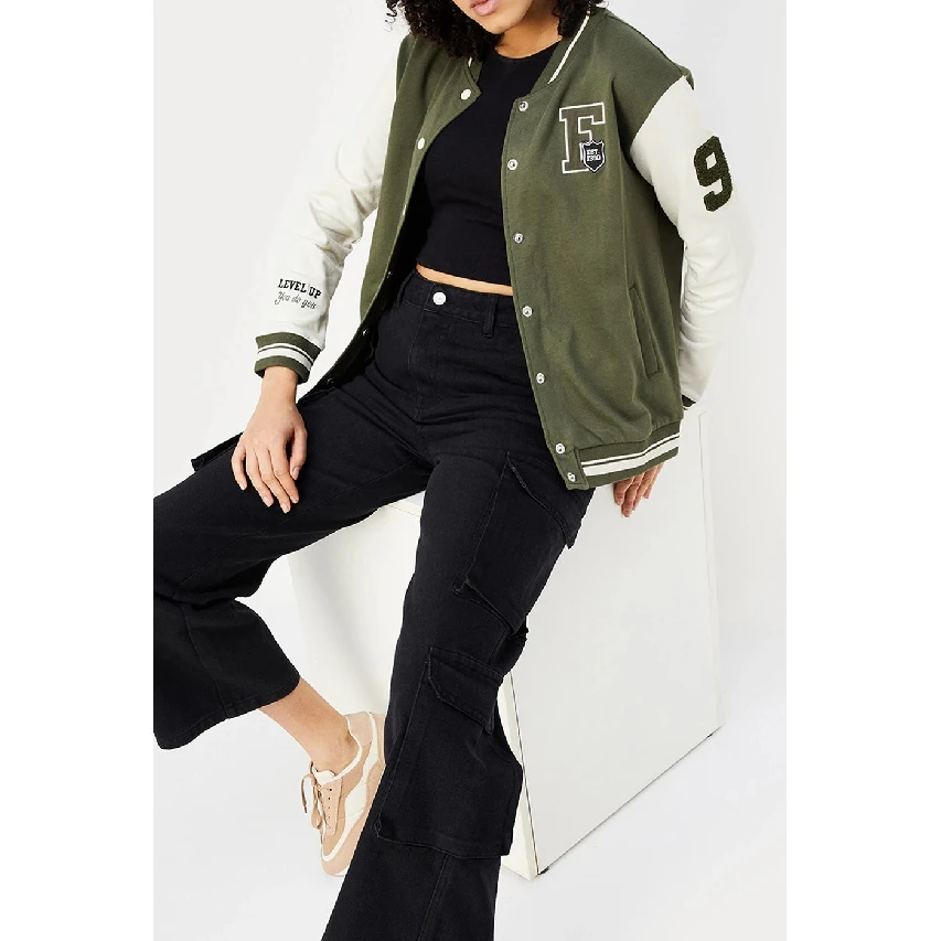 Latest Wholesale Womens Varsity Jacket with High Quality Custom Embroidery and Contrast Sleeves for Casual Sportswear