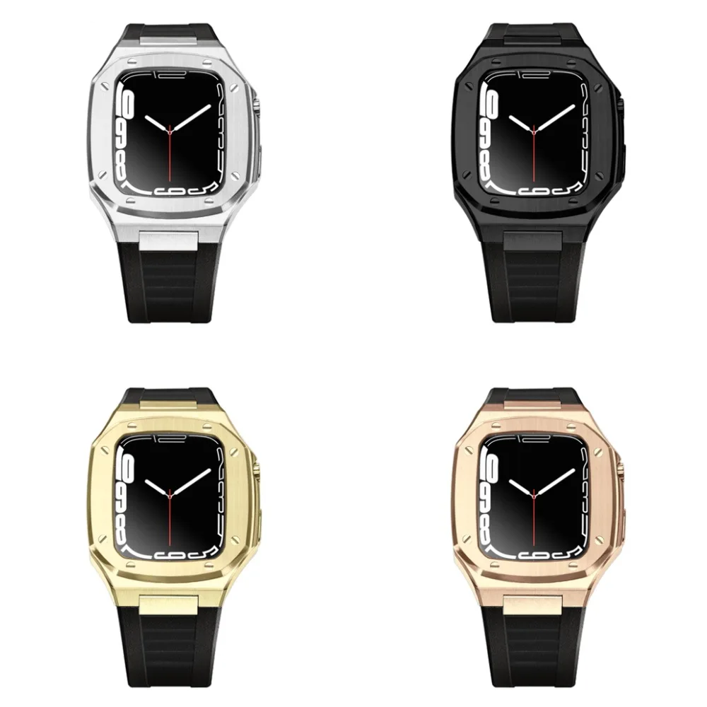 rubber strap 316l stainless steel watch case band mod metal 41mm 44mm 45mm apple watch case for 7 6 metal case for iwatch 6 7