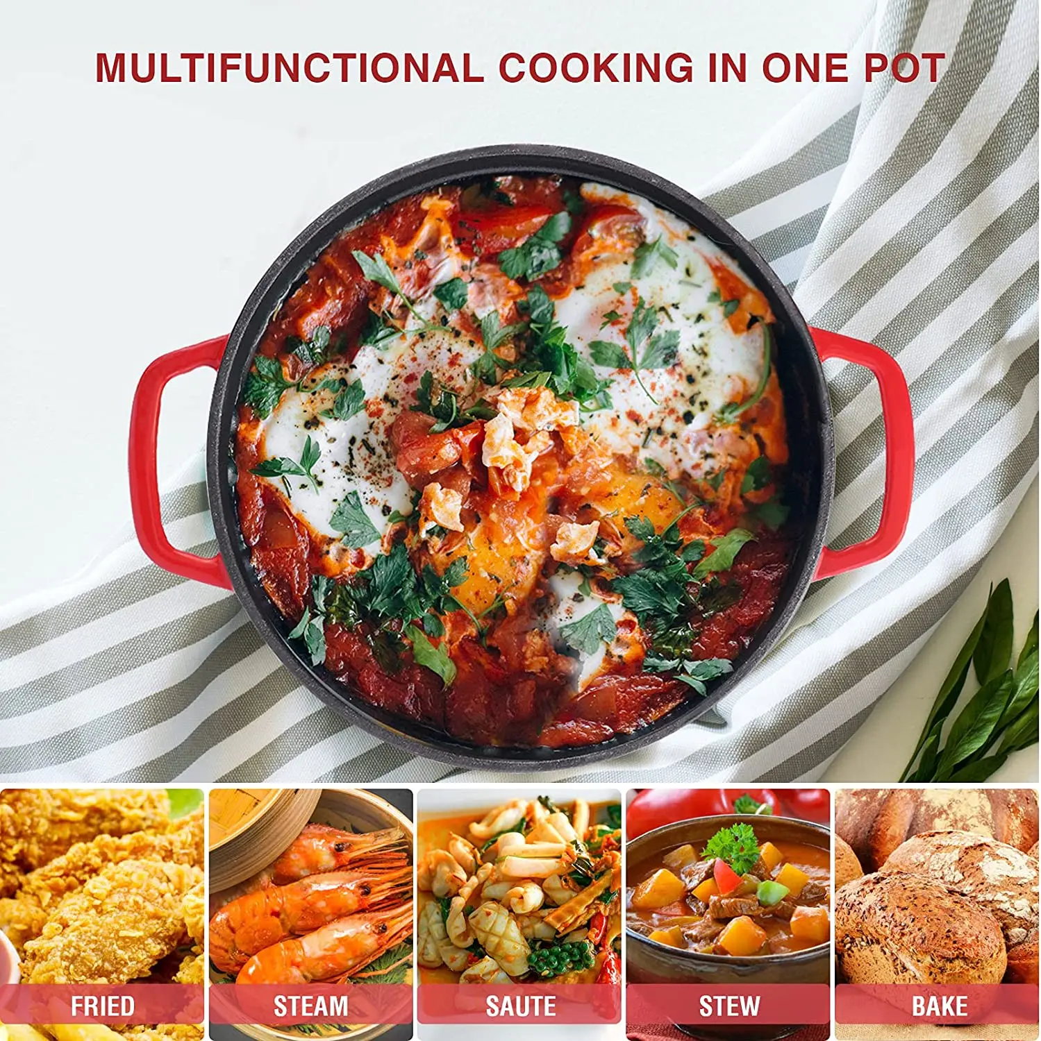 2QT Cast Iron Dutch Oven Non-Stick Cookware Pot with Lid Suitable for Baking Use on Gas Electric Oven Enamel Coat Casserole Pot