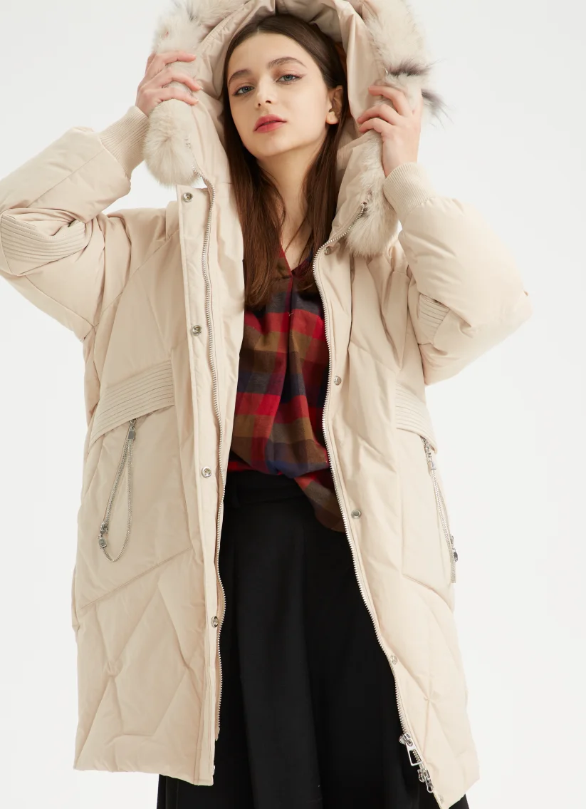 2024 OEM ODM Custom color Rubber logo Nylon Women Winter Duck Down Coat fur hoodie Women Long thick down jacket for Winter