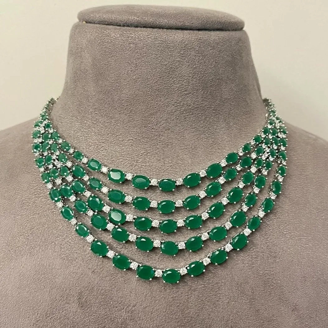 Lab Grown Emerald Green 5 layer CZ Necklace Indian Jewelry Indian Jewelry Green Necklace Diamond Necklace Statement Jewelry Gif