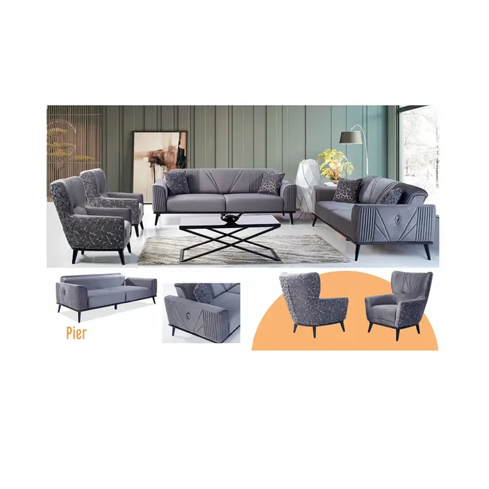 Luxury Home Furniture Gray Color Living Room Set Stylish and Comfortable High Quality Premium - Made in Turkey
