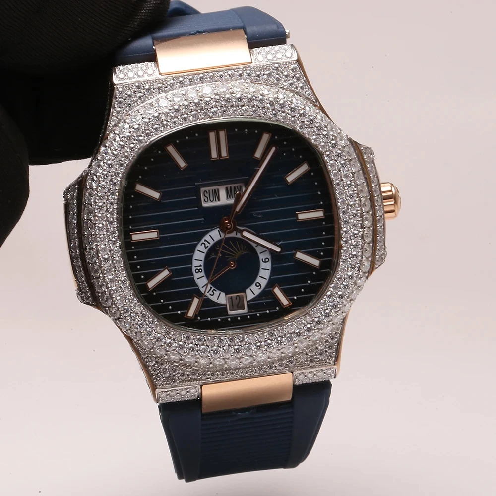 GRA Certified Diamond Watch Hip Hop Luxury Customized Yellow Gold Black Iced Out VVS Moissanite diamond Mechanical Watch