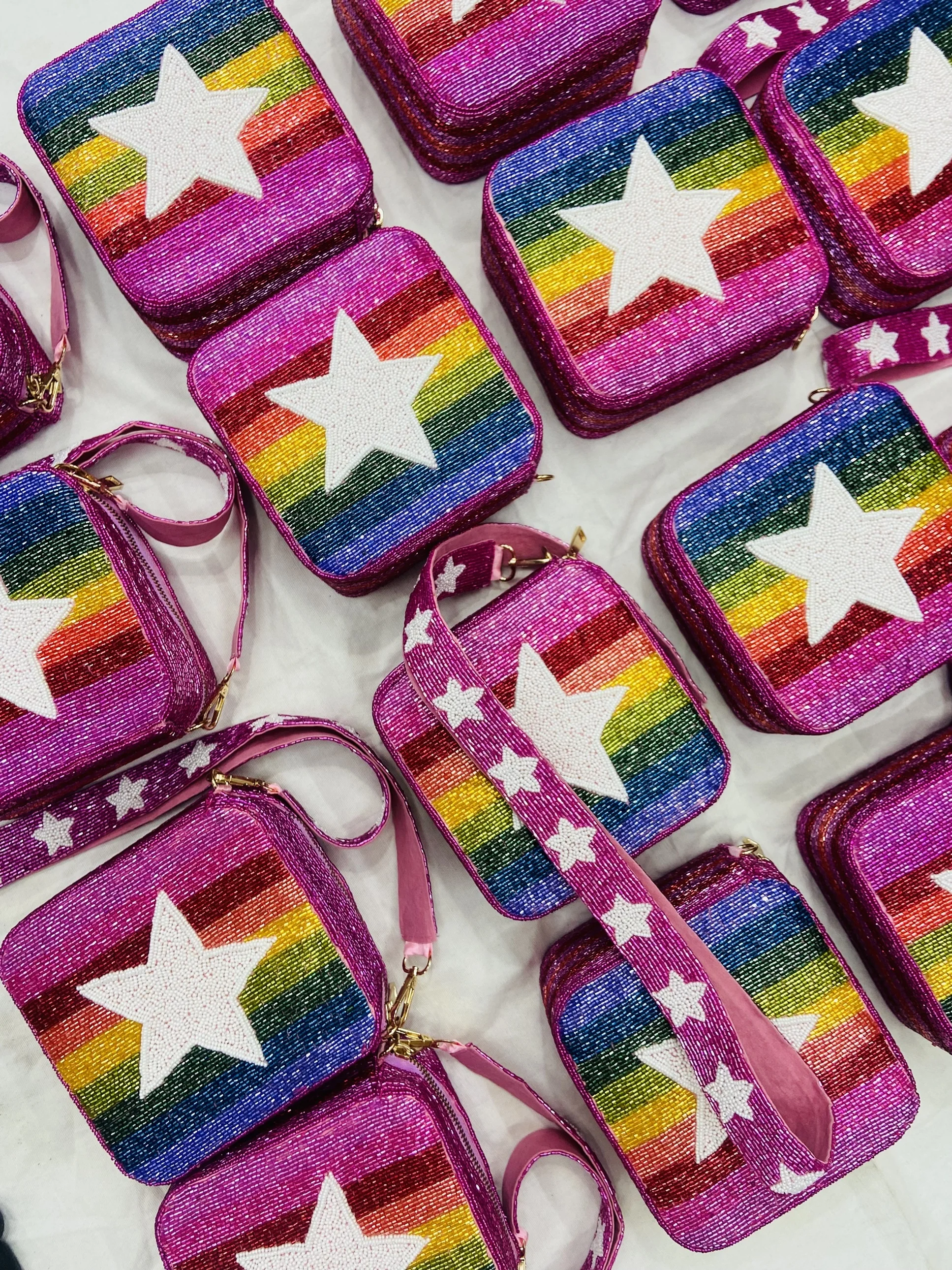 Latest Designer Woop Beaded Star Strap Box Handbag Customized Sizes Cross Body Purses for Ladies Black & White Fashion India