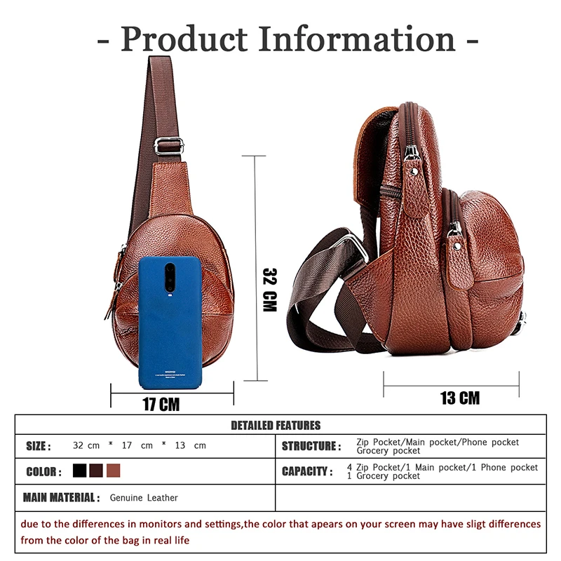Casual Genuine leather Waterproof Travel Men Shoulder Bag Fashion Crossbody Sling Bag Chest For Men