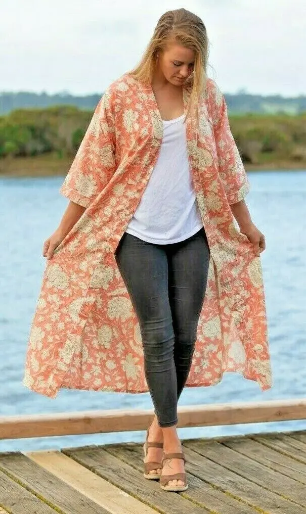 Anokhi Floral Cotton Kaftan Bathrobe Indian Long Dressing Gown Animal Printed Kimonos Robes For Women Sexy Nightwear  Dresses