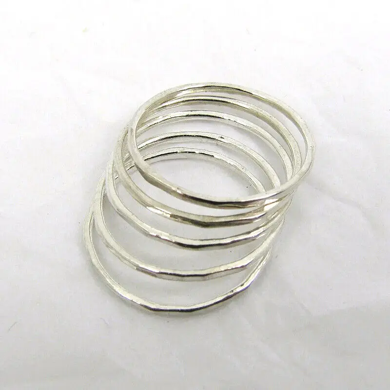3 Pcs 925 Sterling Silver Hammered Minimalist Stack Rings 3.3 Gms 2mm Slim girl band Ladies Natural Curve hammered plain Rings