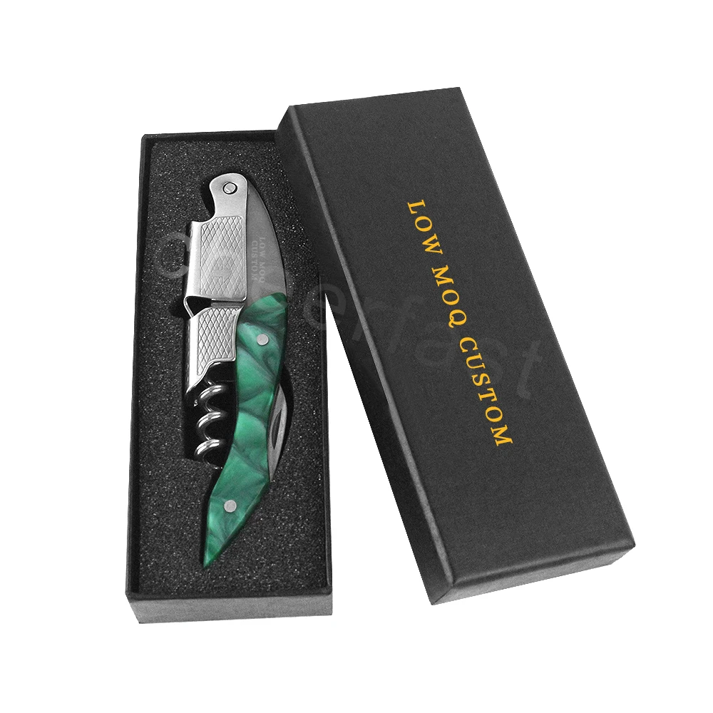 One Stop Purchase Stainless Steel Customized Green Wine Corkscrew With Gift Box Packaging For Bartenders Resin Handle Corkscrew