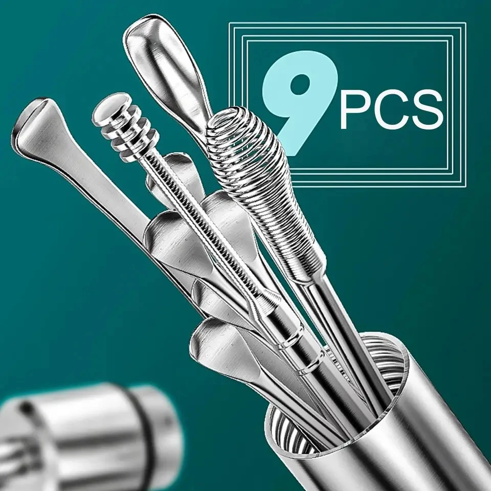 9 Pieces Premium Quality Ear Cleaner For Wax Pickers Earpick Wax Remover Curette Ear Pick Cleaner Kit Spoon Care Ear Clean Tools