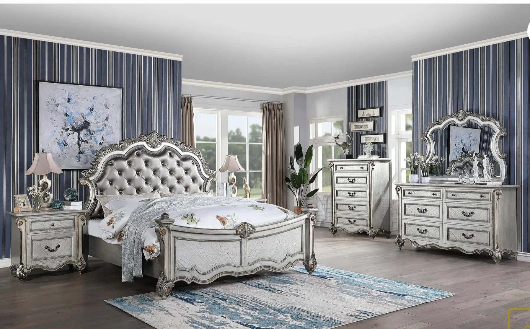 Bed Furniture King Size Storage Cabinet Queen Suite Furnitures Mirrored Solid Wooden Luxury Modern Beds Bedroom Set