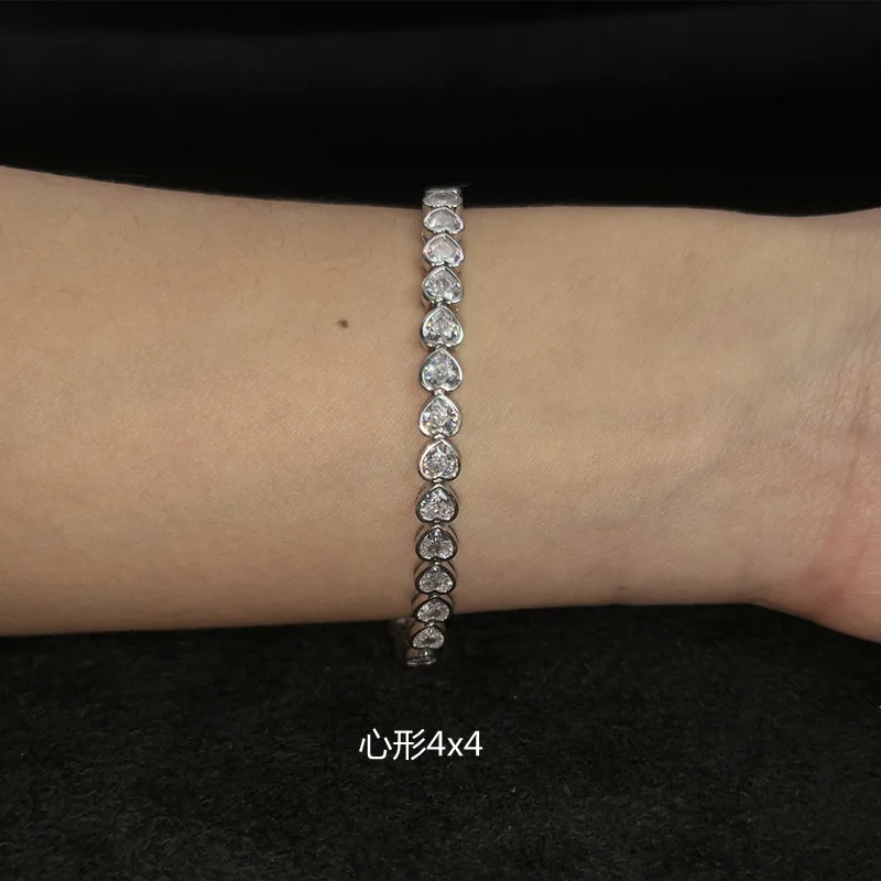 Surrounded heart-shaped zircon tennis bracelet S925 silver material row diamond single row bracelet super flash exquisite full