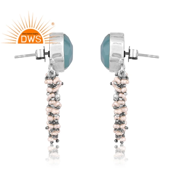 Hot Design 925 Sterling Silver Natural Aqua Chalcedony & Pearl Gemstone Earring Custom Jewelry Supplier