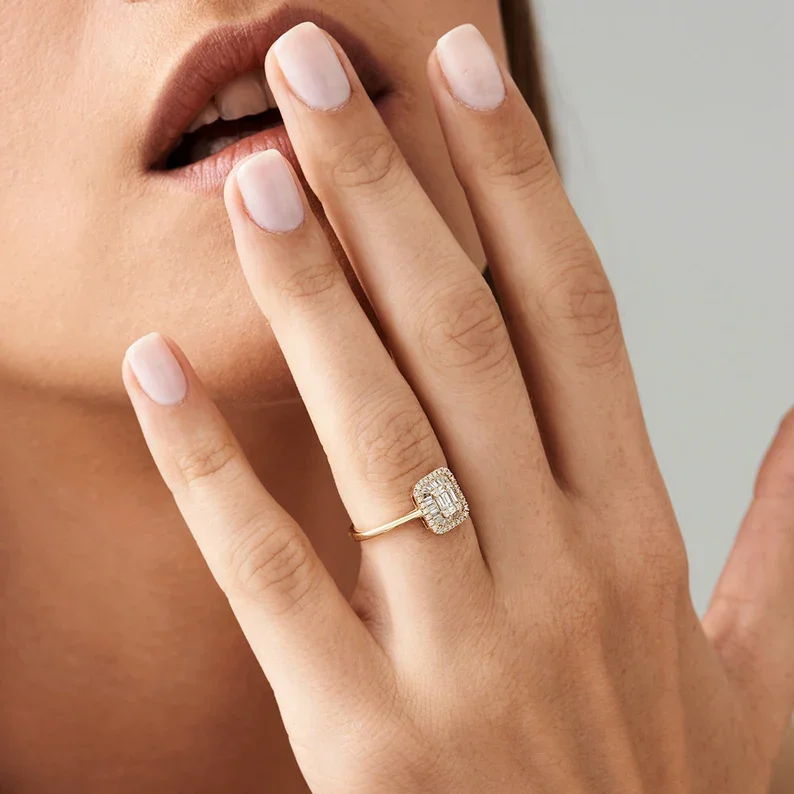 High Quality Baguette Diamond Ring 14k 18k Solid Gold Illusion Setting Unique Vintage wedding Engagement natural diamond Ring