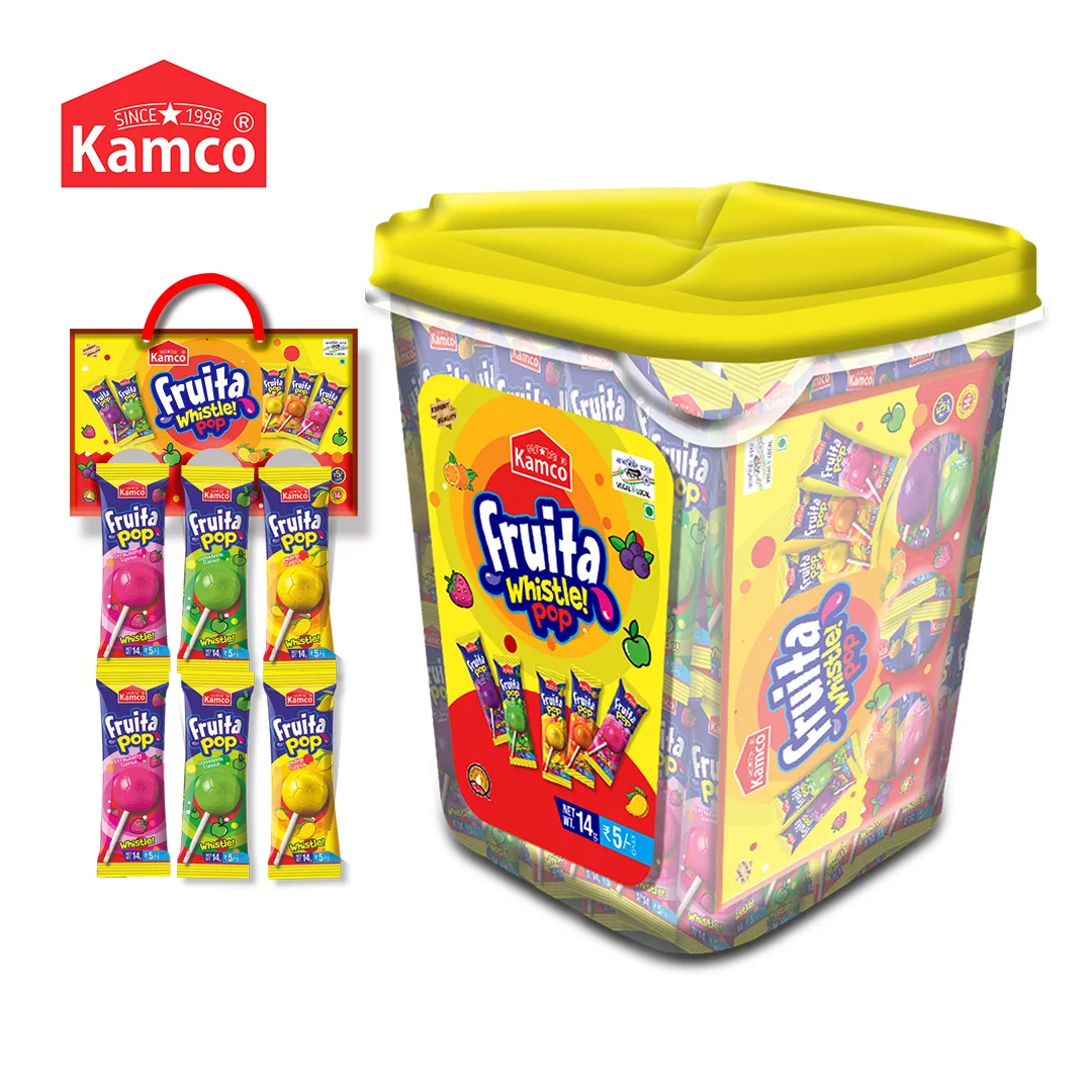 Export Quality Kamco Fruita Whistle Pop Mix Fruit Flavour Lollipop Long container packaging