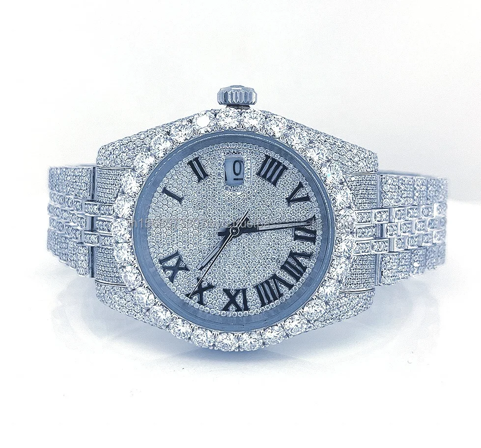 Luxury Automatic Watch Fully Iced VVS Clarity Moissanite Diamond Stainless Steel Roman dial mechanical calender branded watch