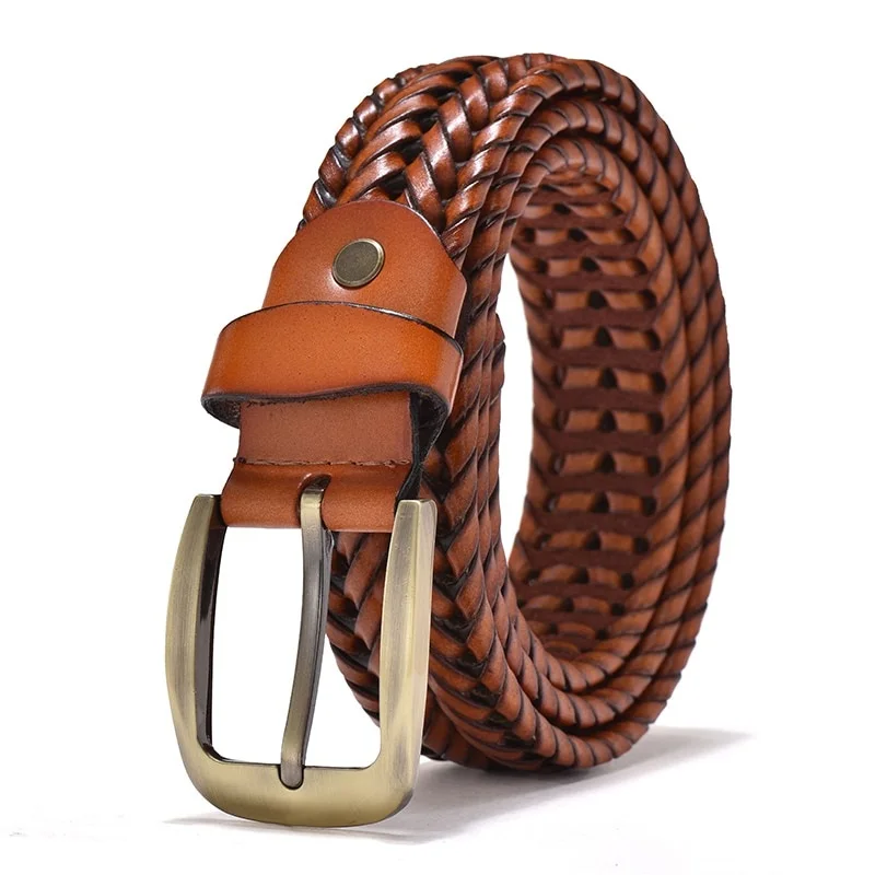 Men Genuine Leather Braided Belts Webbing High Quality Hand Vintage Belts for Men Gold Pin Buckle Casual for Jeans Strap