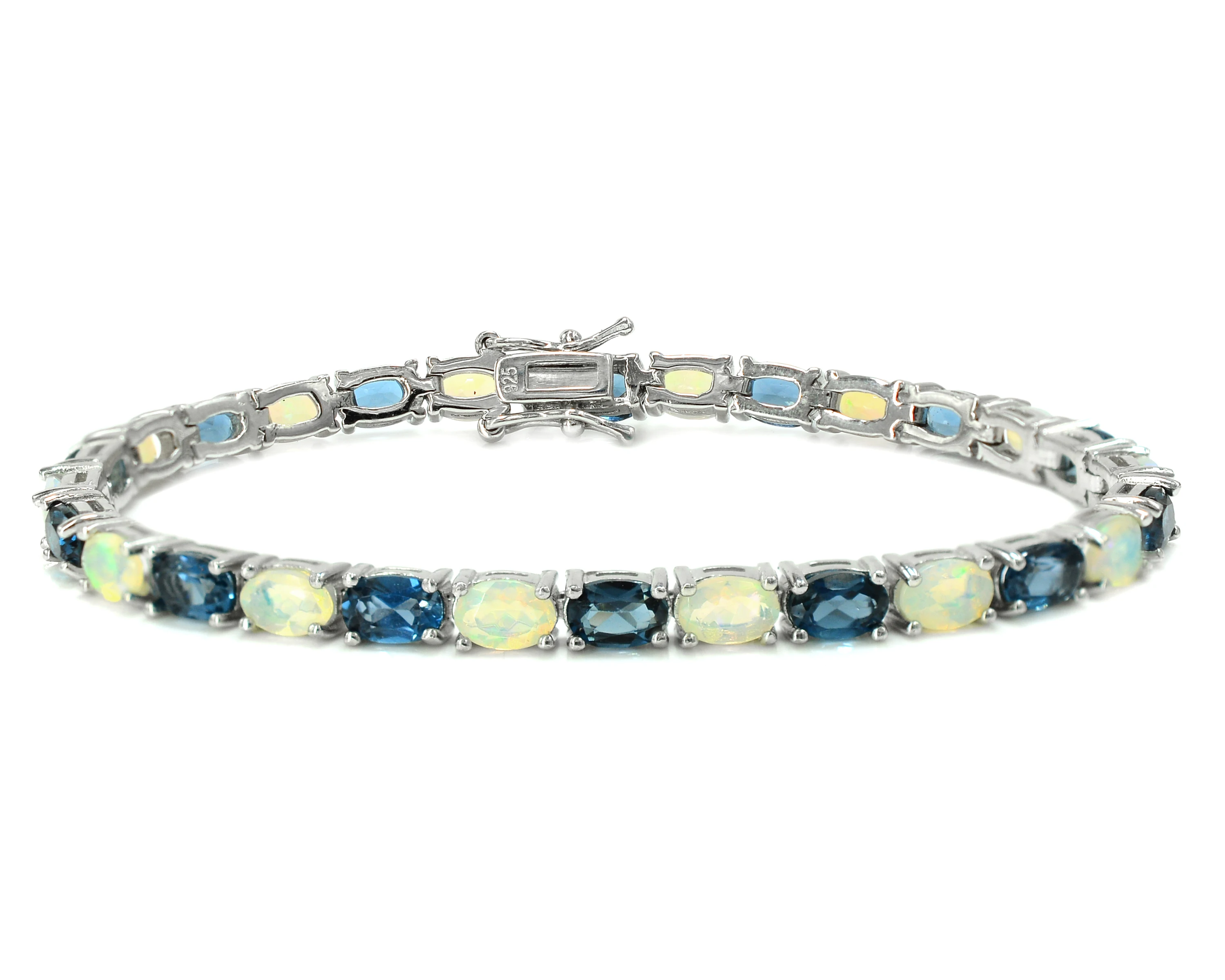 Excellent Faceted Cut Natural Ethiopian Fire Opal & London Blue Topaz 925 Sterling Silver Tennis Bracelet Supplier From India