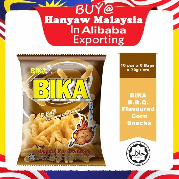 [Malaysia] Fast Shipping + Halal Certified Bika BBQ Flavoured Corn Snacks ( 10 pcs x 6 Bags x 70g / Ctn )