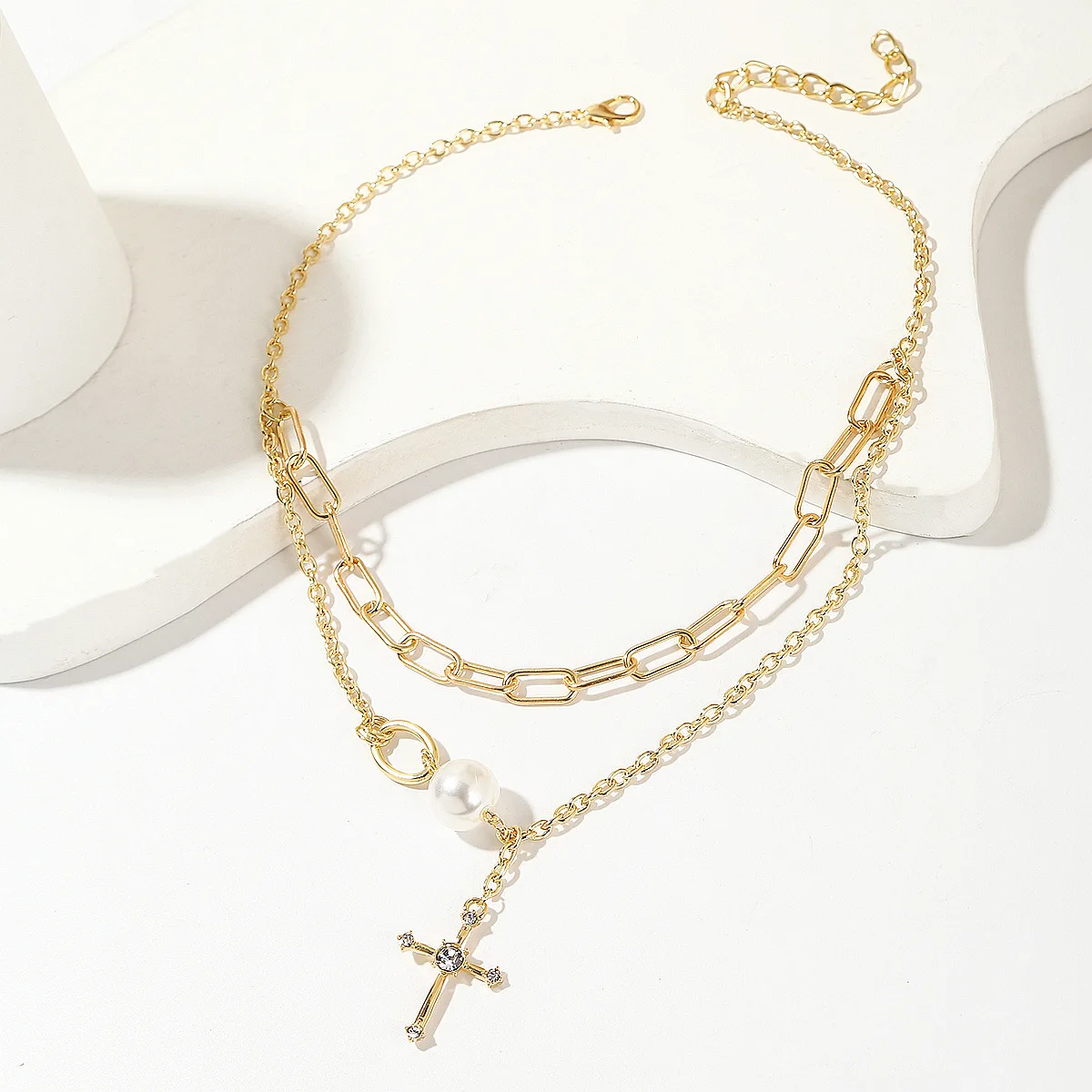 Fashion Jewelry Large Pearl Zircon Silver Plated 2 Layered Chain Cross Pendant Necklace Women