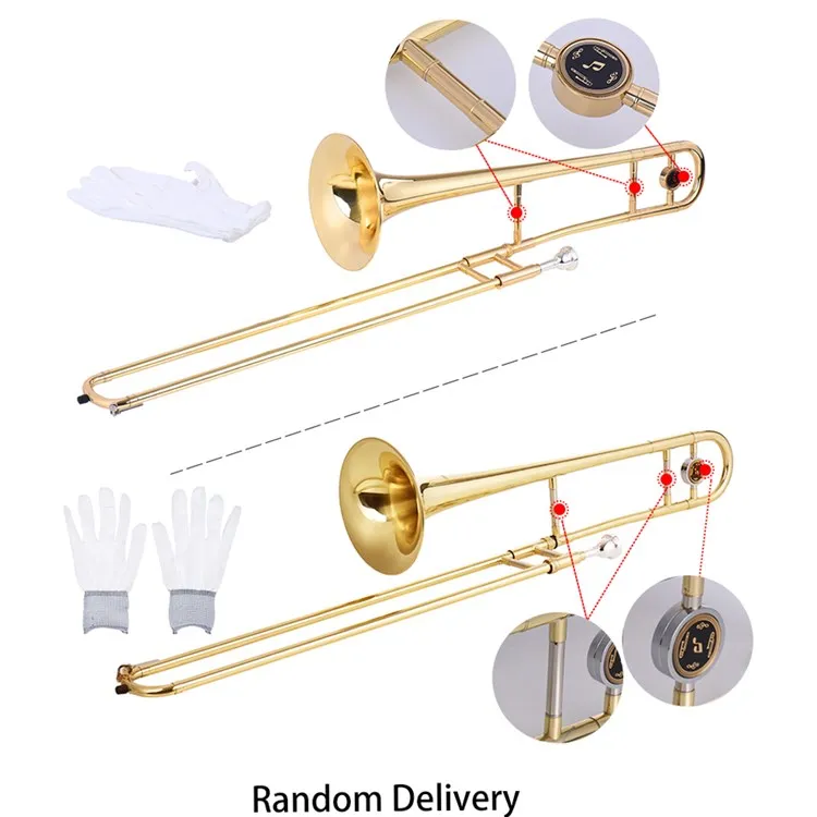 Alto Trombone Brass Gold Lacquer Bb Tone B flat Wind Instrument with Cupronickel Mouthpiece Cleaning Stick Case