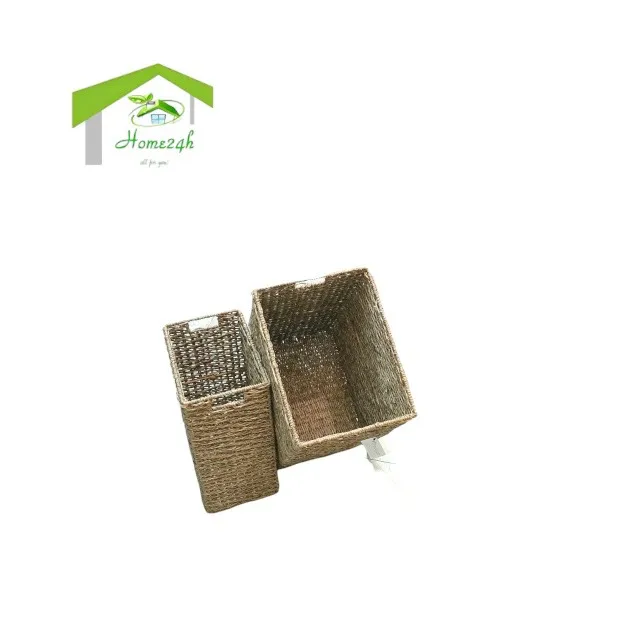 High Quality Seagrass Storage Baskets  Iron frame natural color and hole handle Rectangal basket Set of 2 for household Items