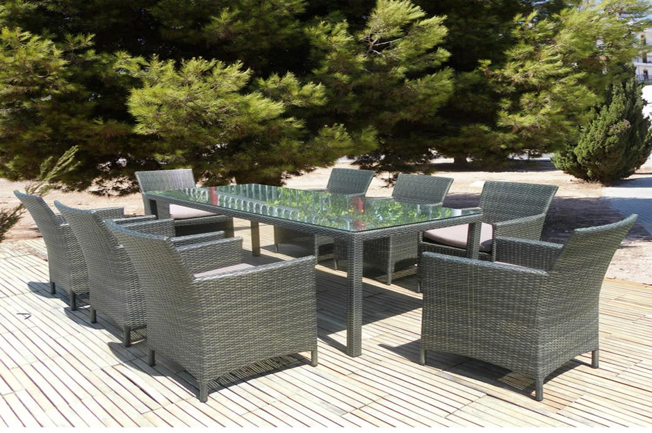 9 PCS Aluminum PE Rattan Dining Sectional Outdoor Patio Furniture Chair and Table Garden Sets With Cushions
