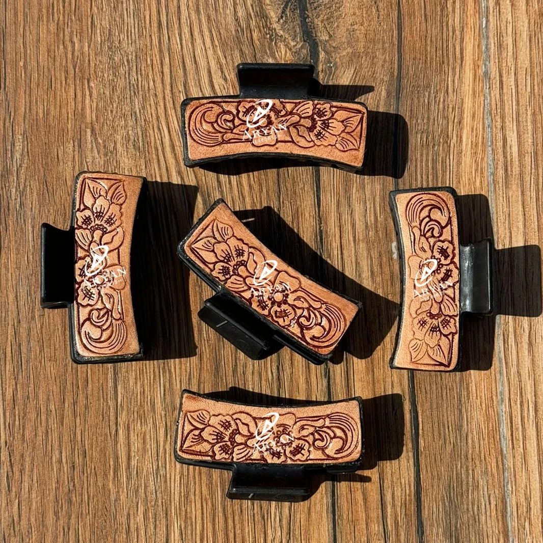 New Arrival Hot Selling Western Stylish Handmade Tooled Engraved Leather Hair Claw Clips Leather Claw Hair Accessories For Women