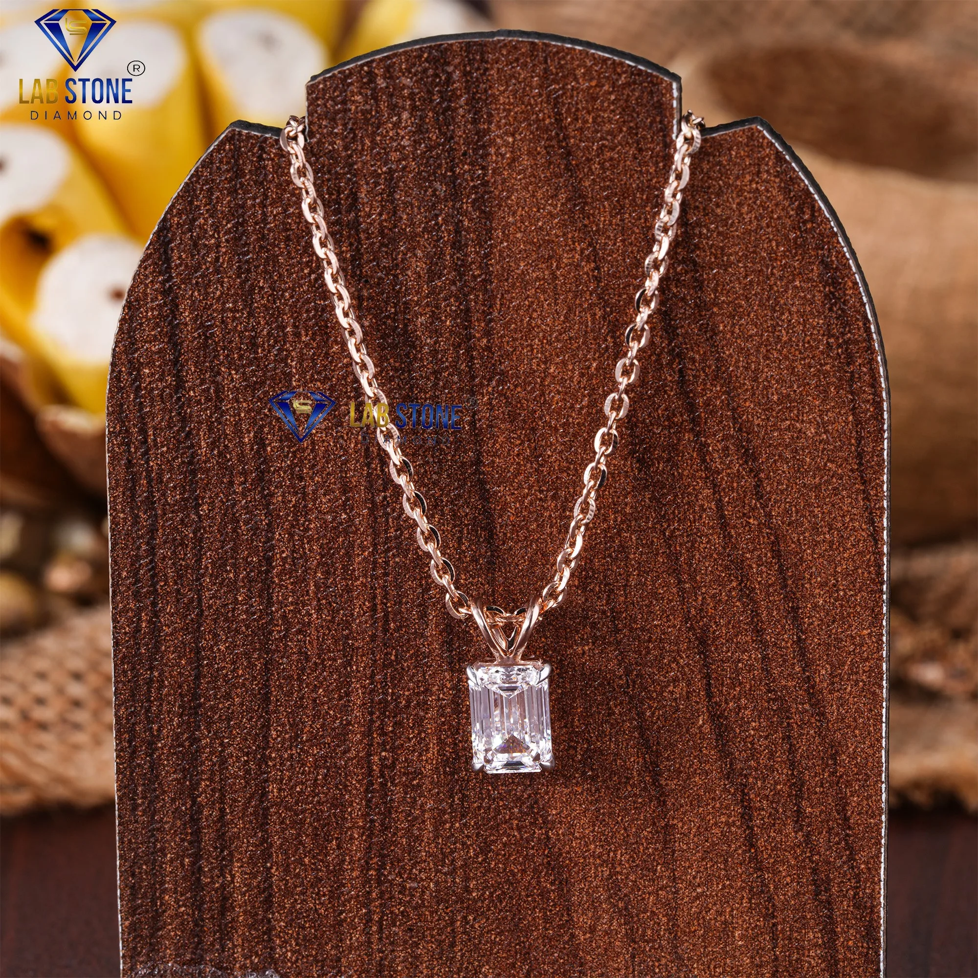 1.23 TDW Emerald Cut Diamond Rose Gold Pendant by Labstone / Where Dreams Shine Bright / EF-VS color