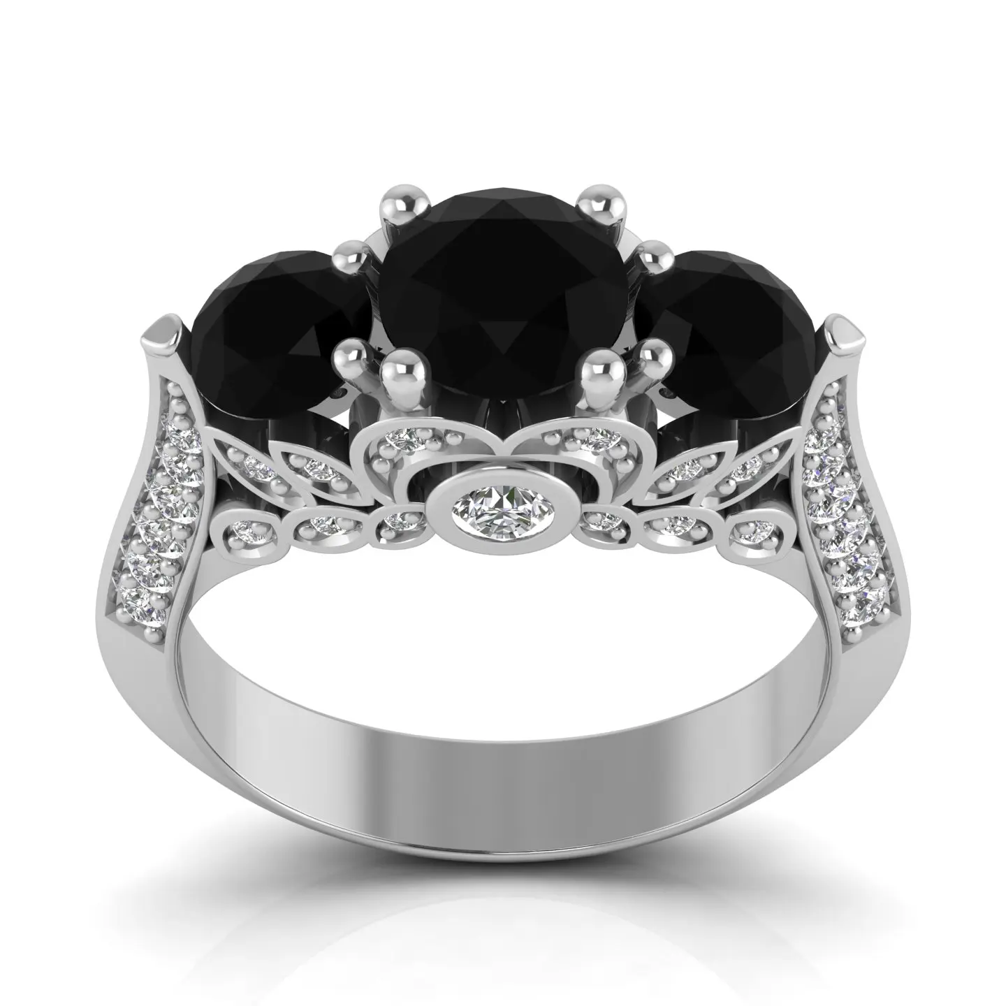 White Gold Ladies ring with Black and white Natural Diamond 14Kt white Gold Wedding Engagement ring Fine Jewelry