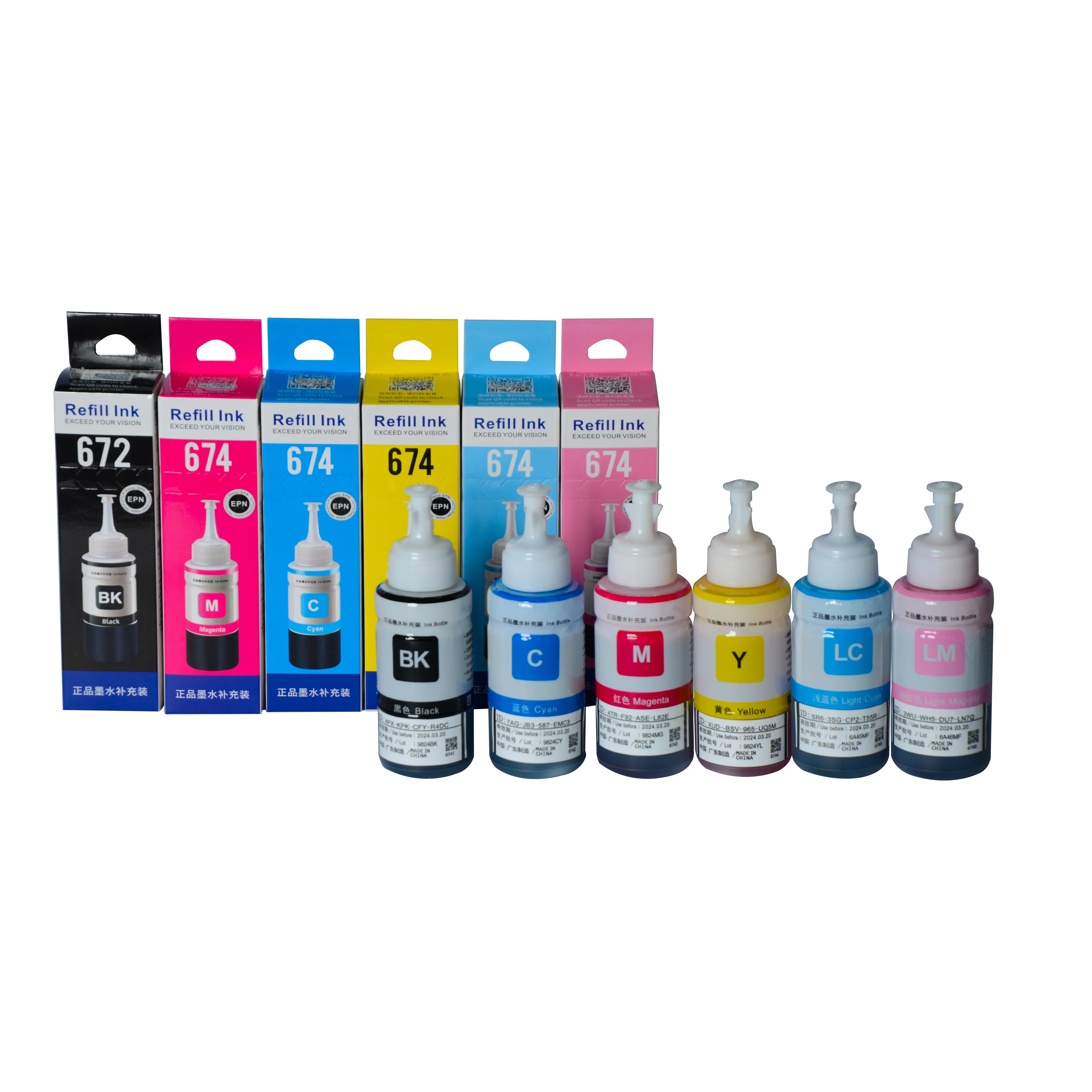 Office refill water based inkjet dye ink compatible with Epson 673/674 (CMYK)  70ML