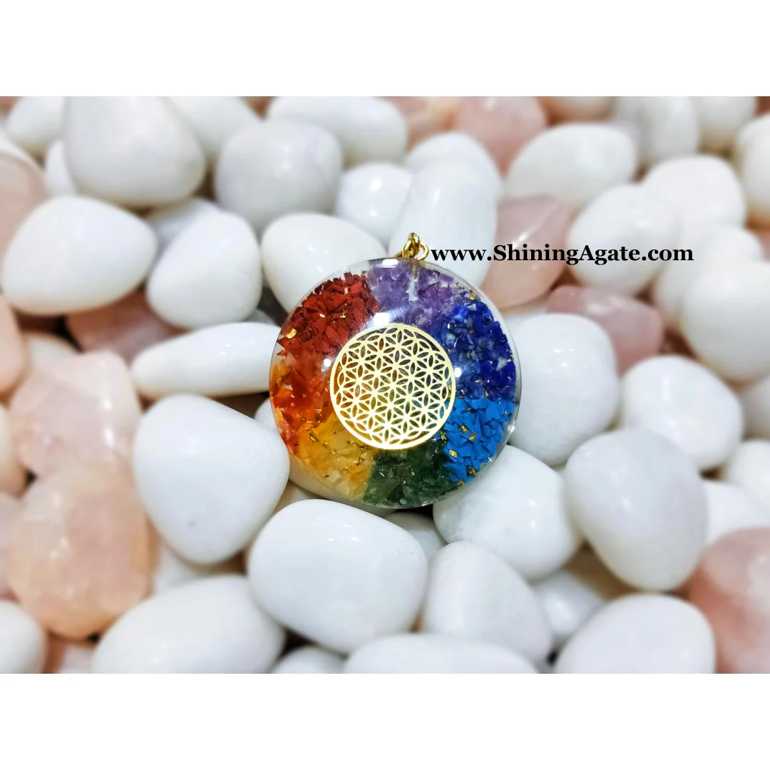 Seven Chakra 40mm Orgone Pendant With Flower Life Symbol Chakra Balancing Gemstone Pendant