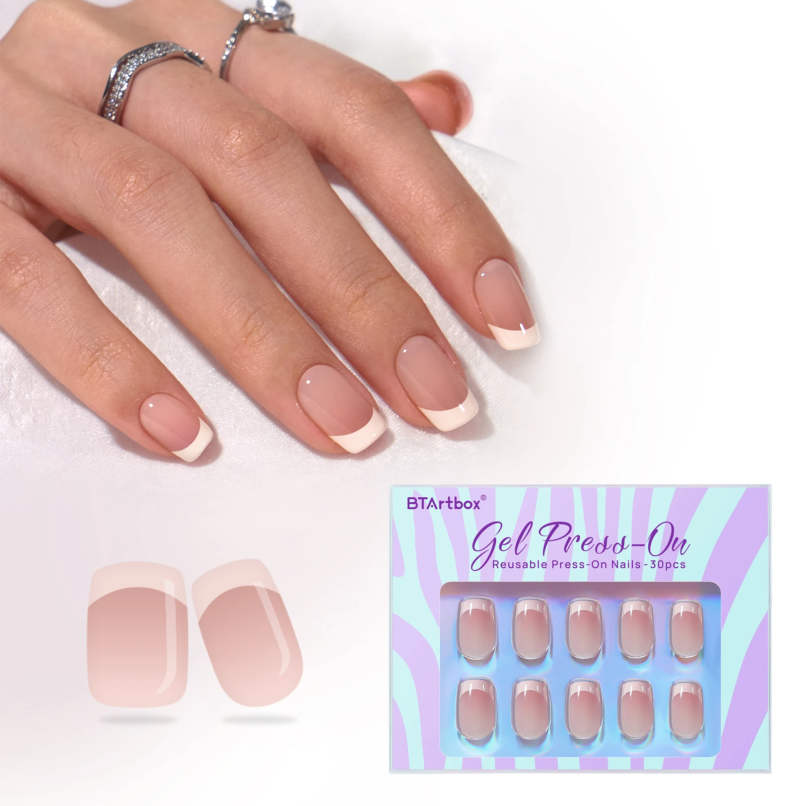BTArtbox High Quality Short Square Fake False Nails Wholesale Custom Artificial Fingernails Soft Gel French Tip Press On Nails