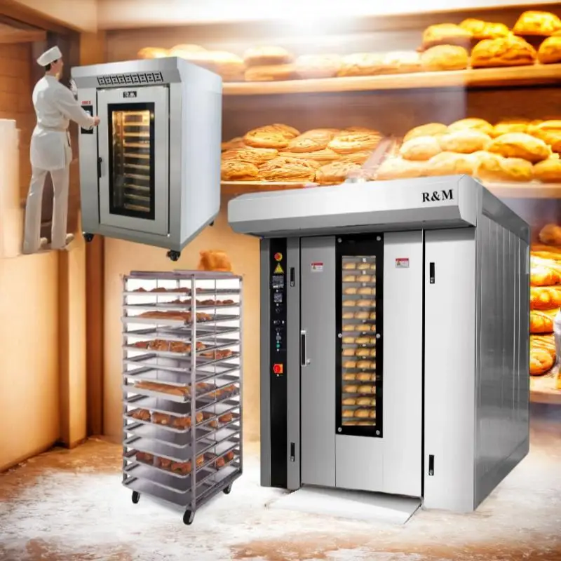 Hot Style Specification Competitive Price 2bags 10 18 Tfan Tray Gaz burner Burger Bun Trolley Rotary Oven for Toast Biscuit Sale