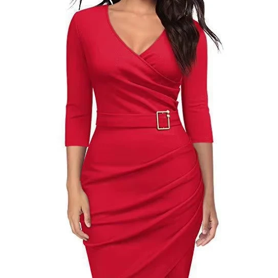 Newly Arrived Solid Color Three Quarter Sleeve V Neck Slim Fit Midi Skirt Casual Dress For Women