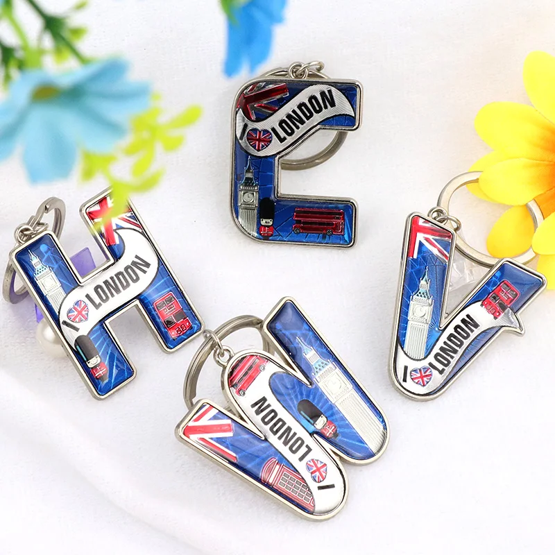 Custom Epoxy Keychain London Souvenir English Metal Alphabet Letter Initial Keychain Key Rings