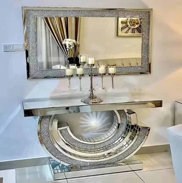 Wholesale Console Table Crushed Crystal Diamond Console Table Set with Mirror Modern Home Furniture Picture 1 Set