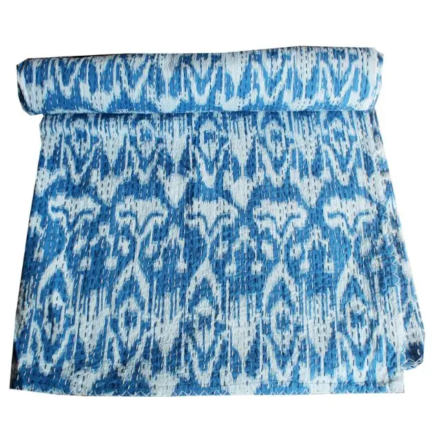 Индийское одеяло Kantha покрывало с принтом икат в богемном стиле Королевский размер