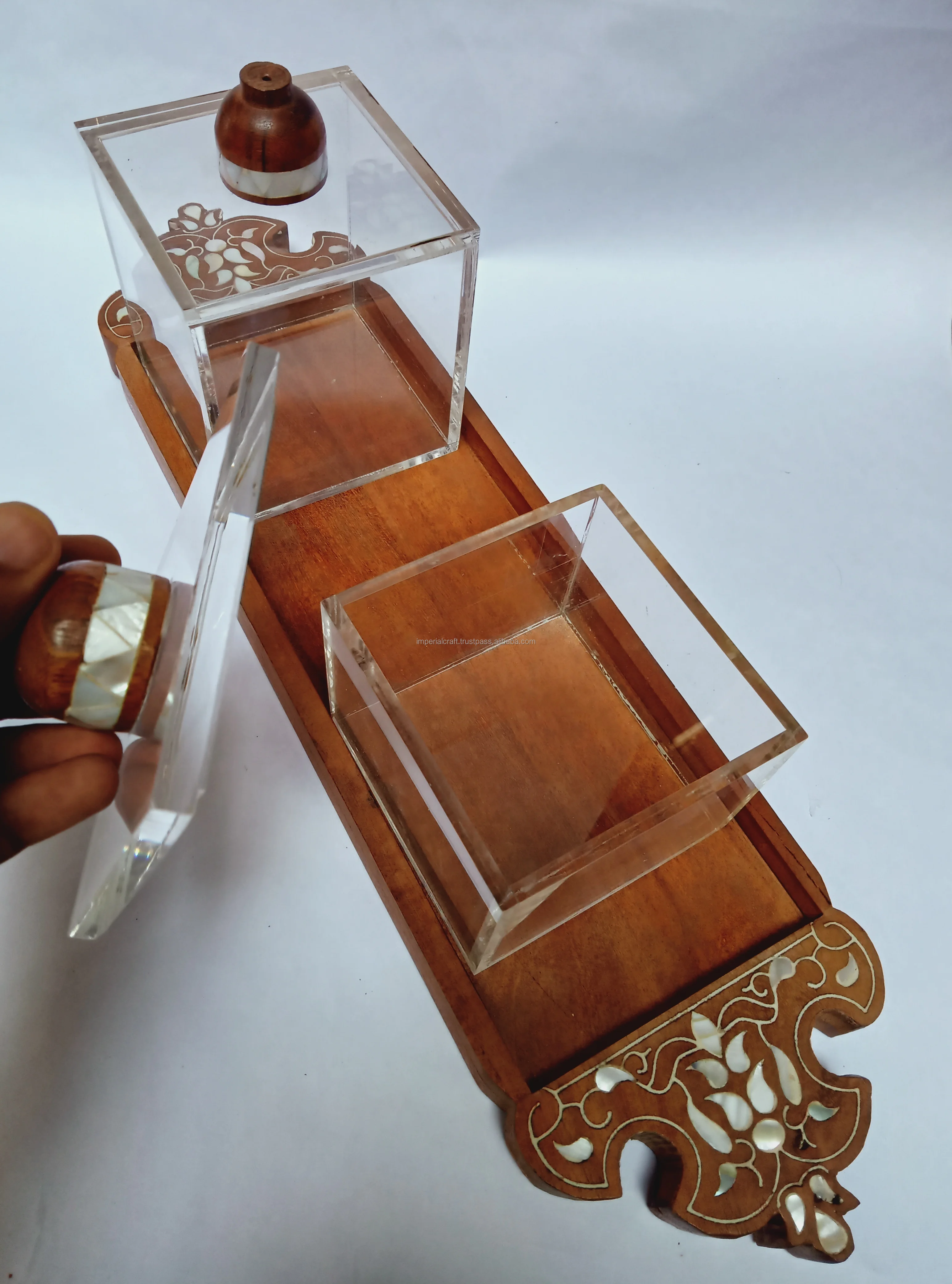 trending design acrylic and acacia wood serving tray with two chocolate boxes decorative work of mother of pearl