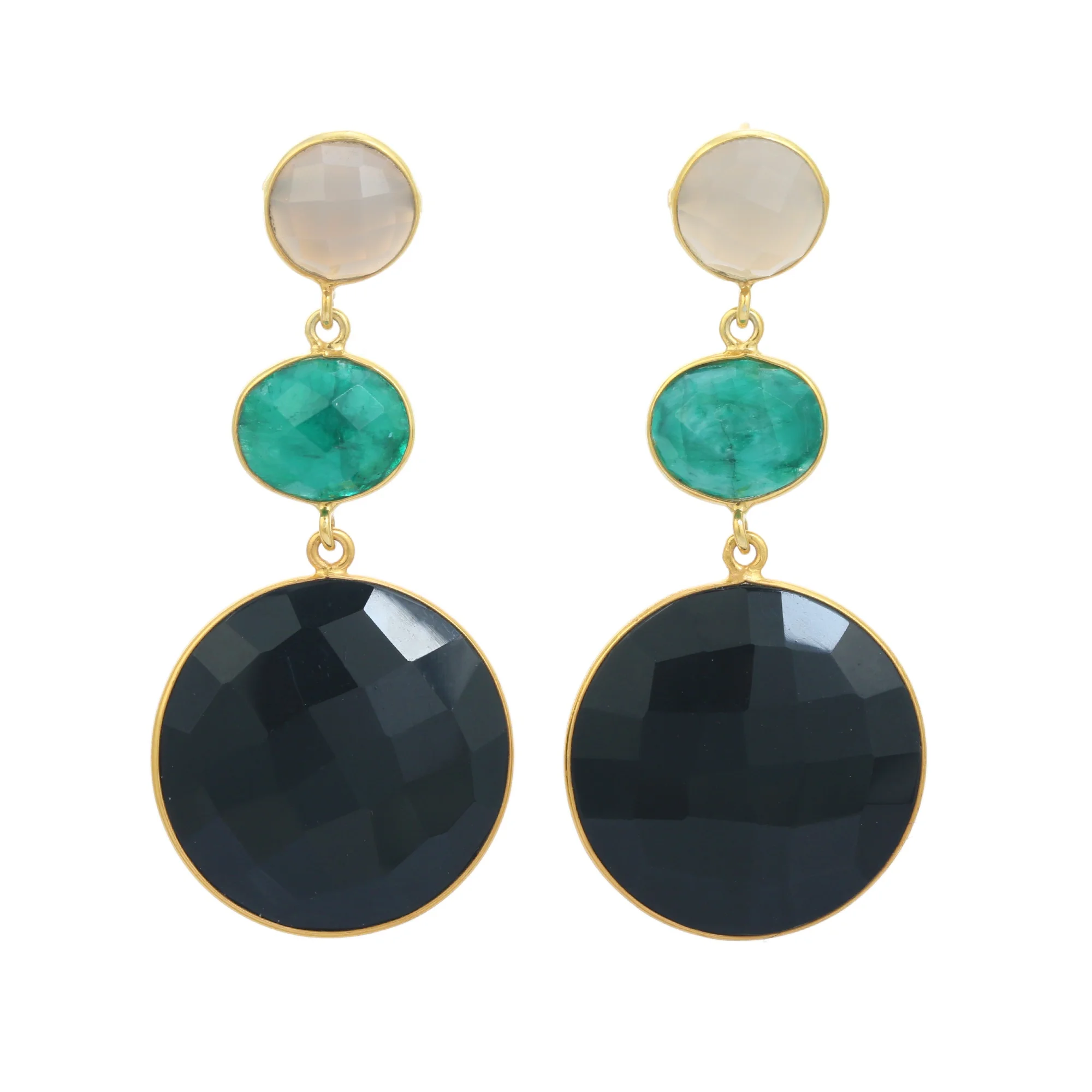 Natural Grey and Dyed Emerald and Beautiful Black Chalcedony Gemstone Long Earring Drop Earring for Women and Girls