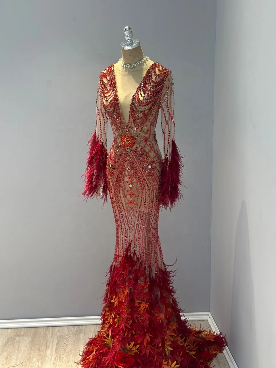 OEM Manufacture High Quality Evening dress mermaid design flower lace  add beading by handmade red colour TNBPno65