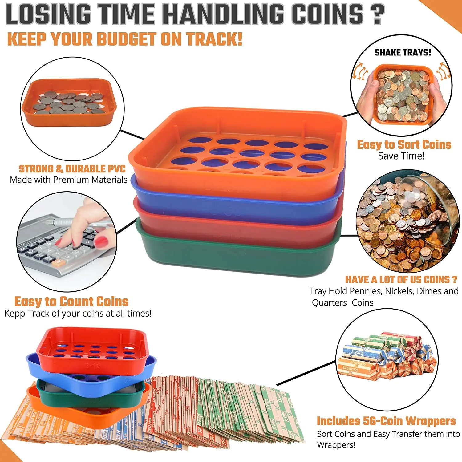 IHOMELIFE Coin Sorters Tray Easily Transfer into Wrappers 4 Coin-Counting Tubes bundled with 100 Flat Coin Wrappers