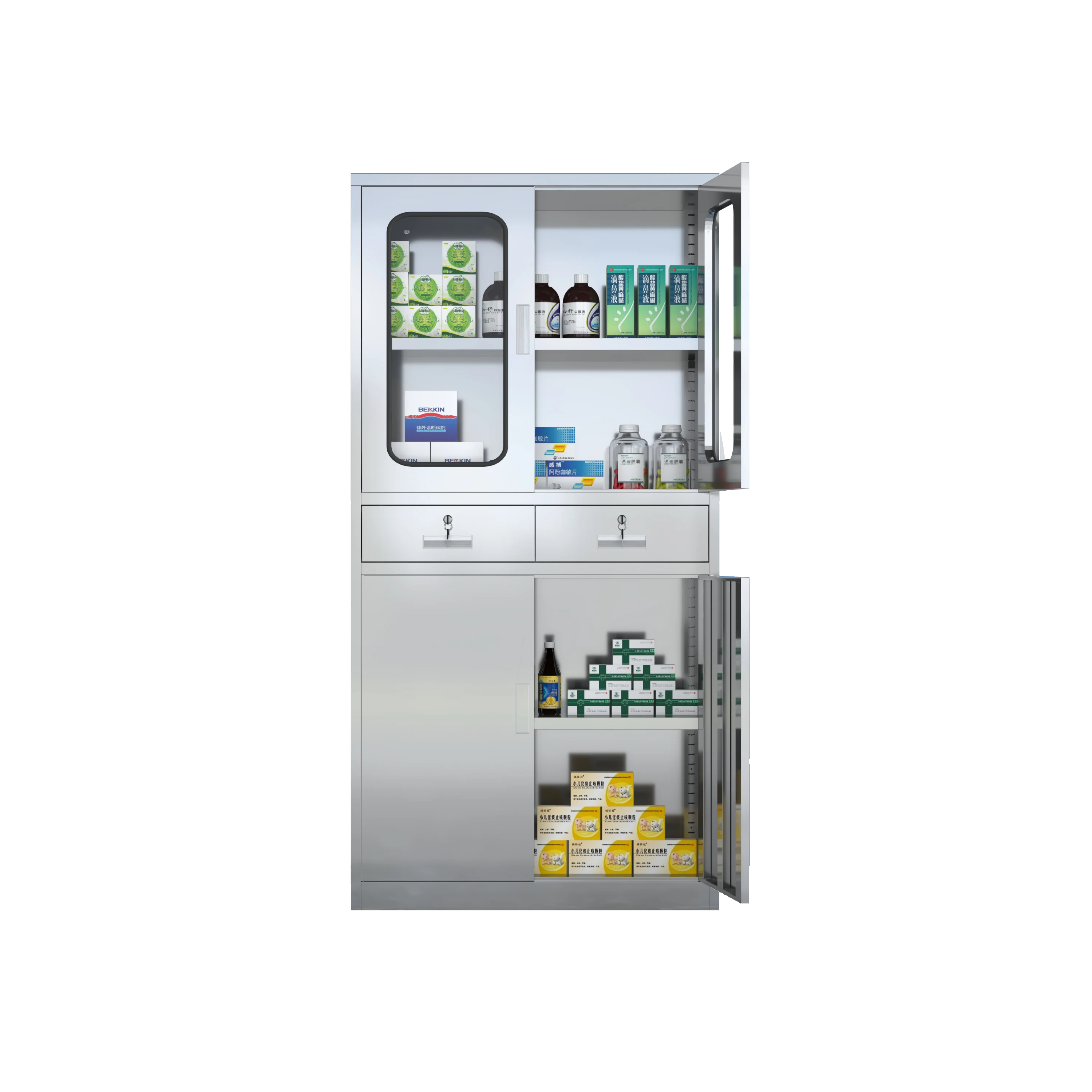 Metal high quality double glass door with two drawers hospital storage stainless steel medical cabinet  laboratory furniture