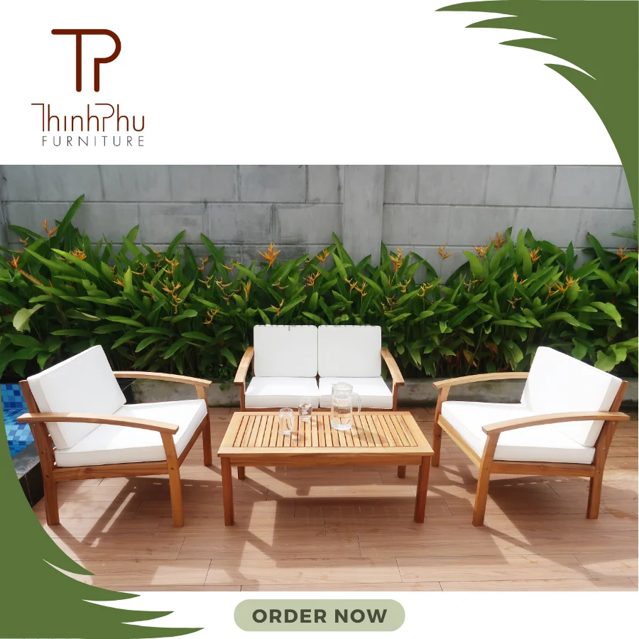 Trendy Style Outdoor Furniture Thick Cushion Sofa Coffee Table with Wood Fabric Composite Style Patio Setting Living Room Use